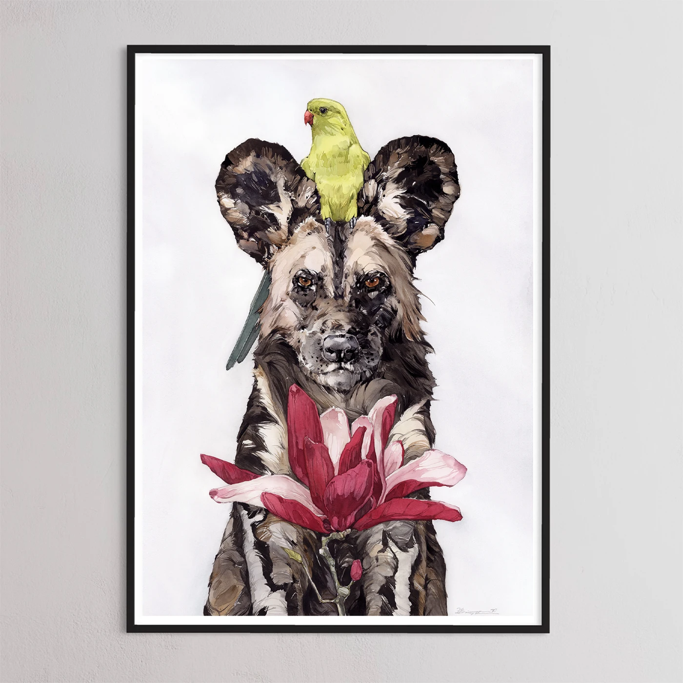 Trio: Regent parrot • African wild dog • Magnolia liliiflora - print by Polina Bright