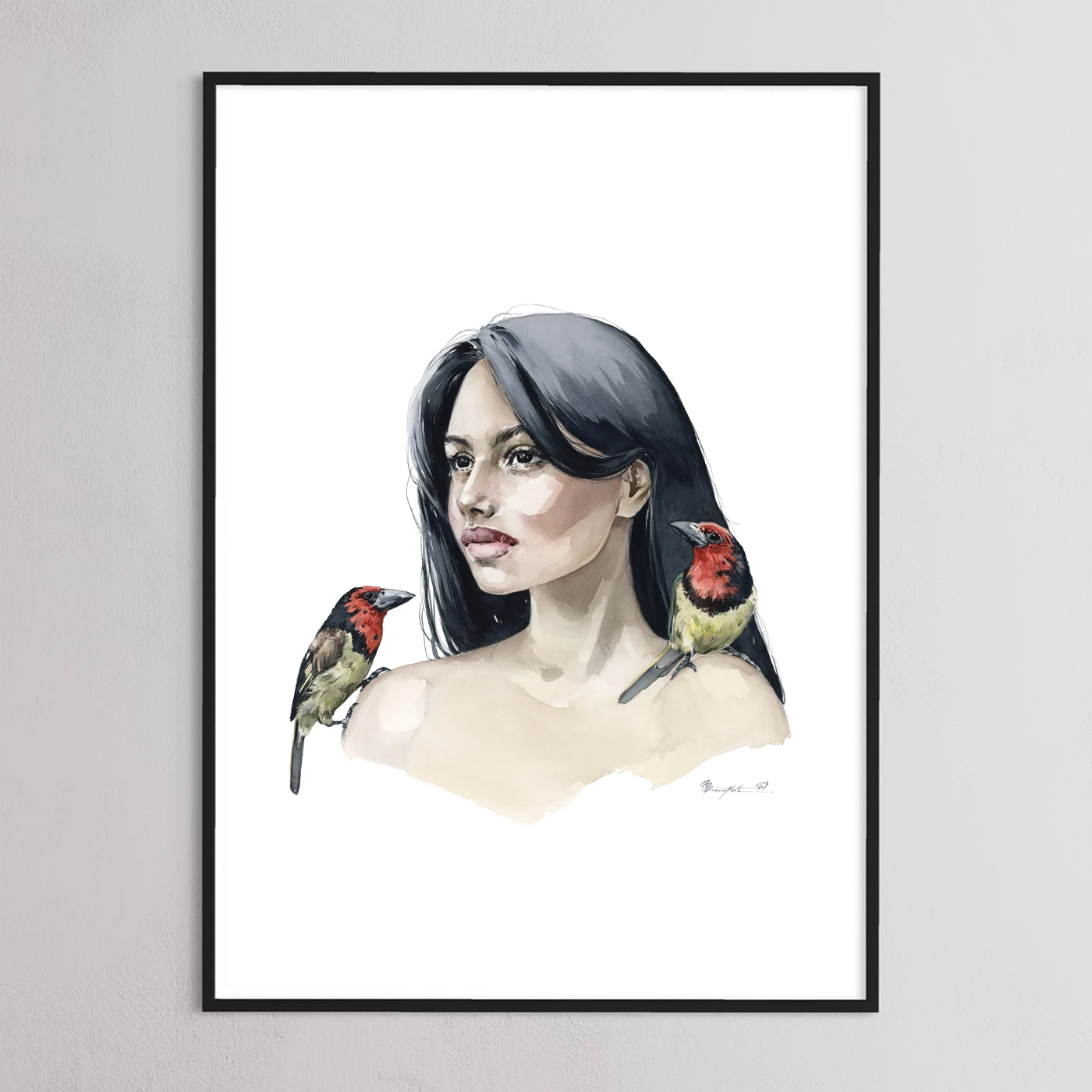 Girl with black-collared barbet - print by Polina Bright