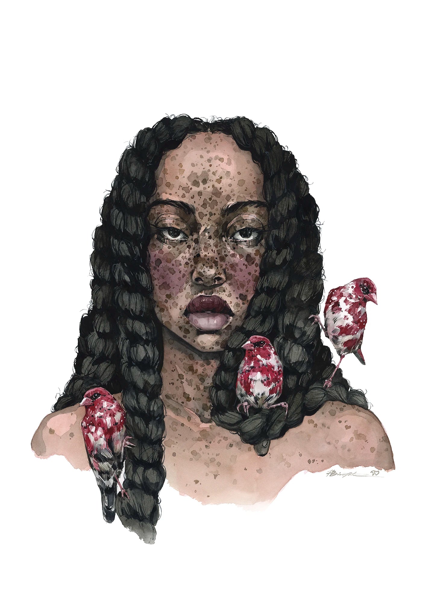 Dreamy Girl with strawberry finches by Polina Bright