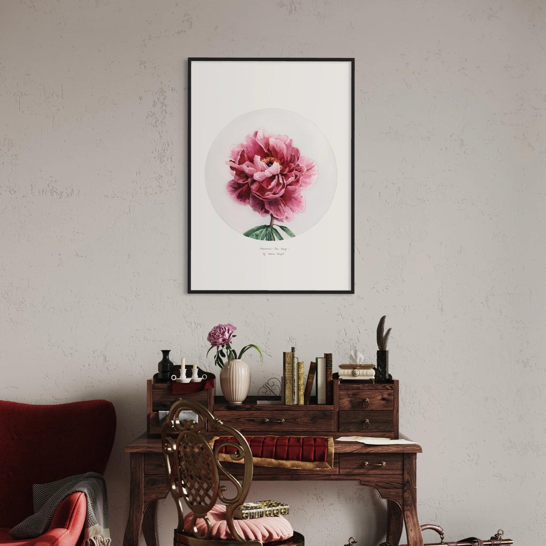 Hanakisoi tree peony print in interior by Polina Bright