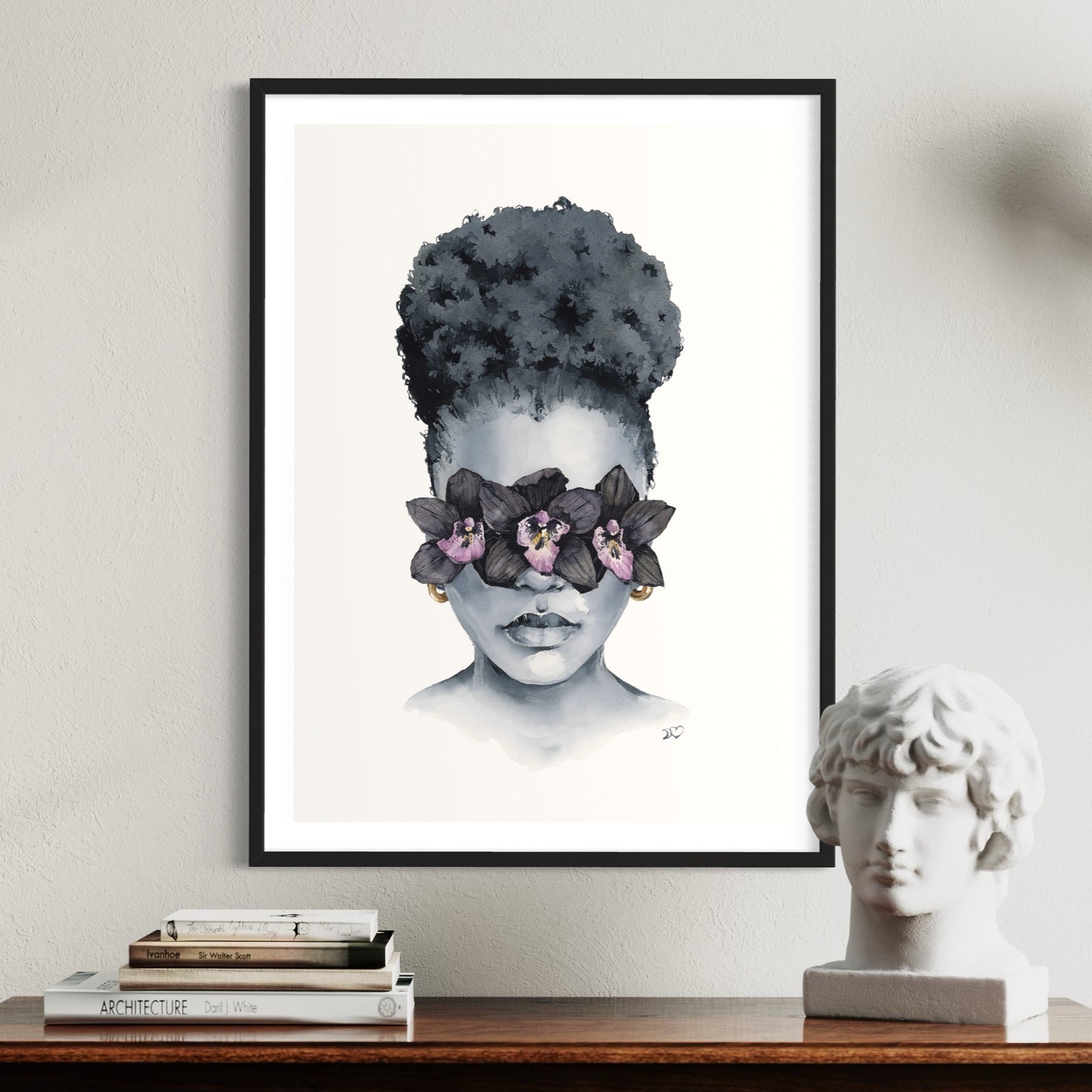 Black Orchid blindfolded print by Polina Bright  in interior