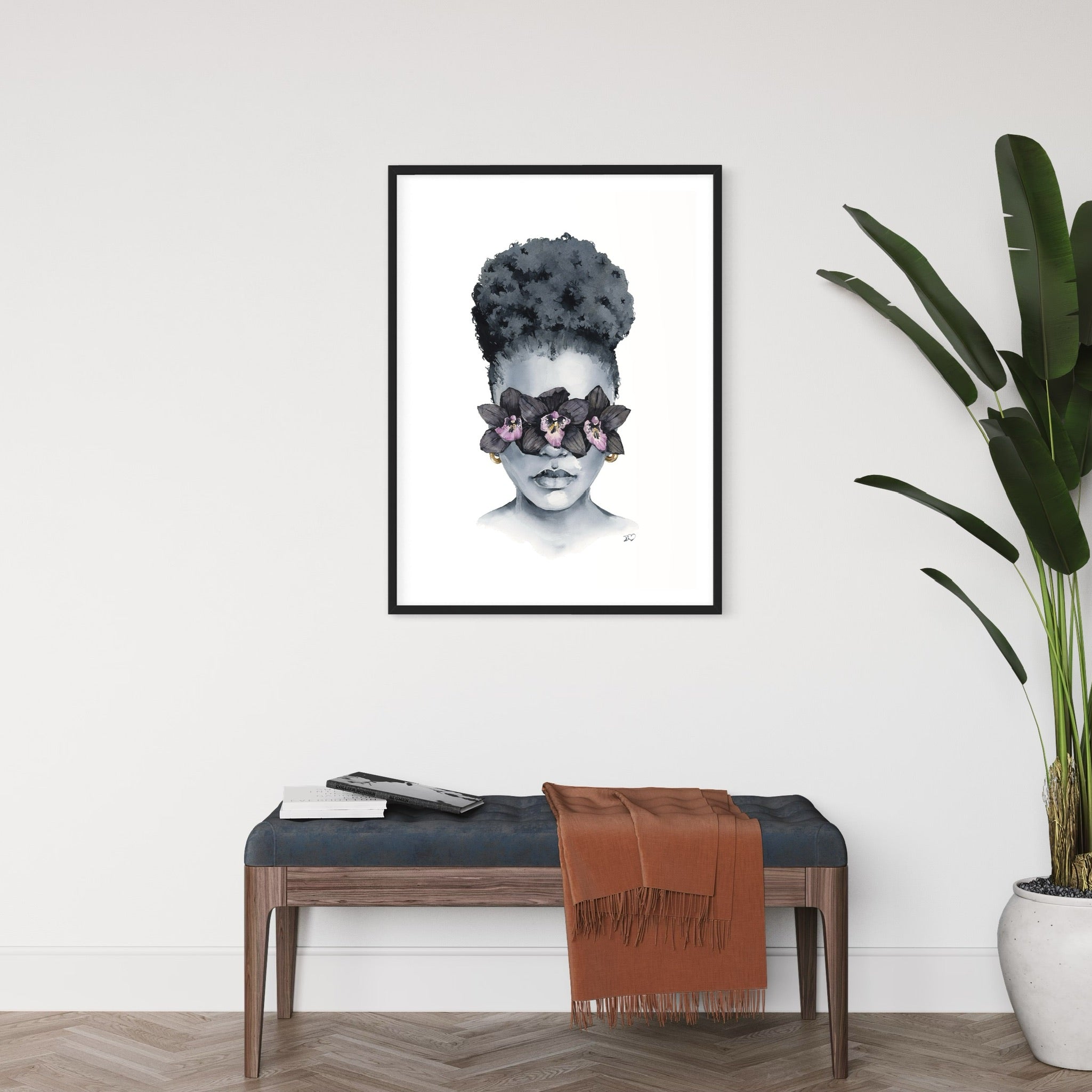 Black Orchid blindfolded print by Polina Bright  in interior