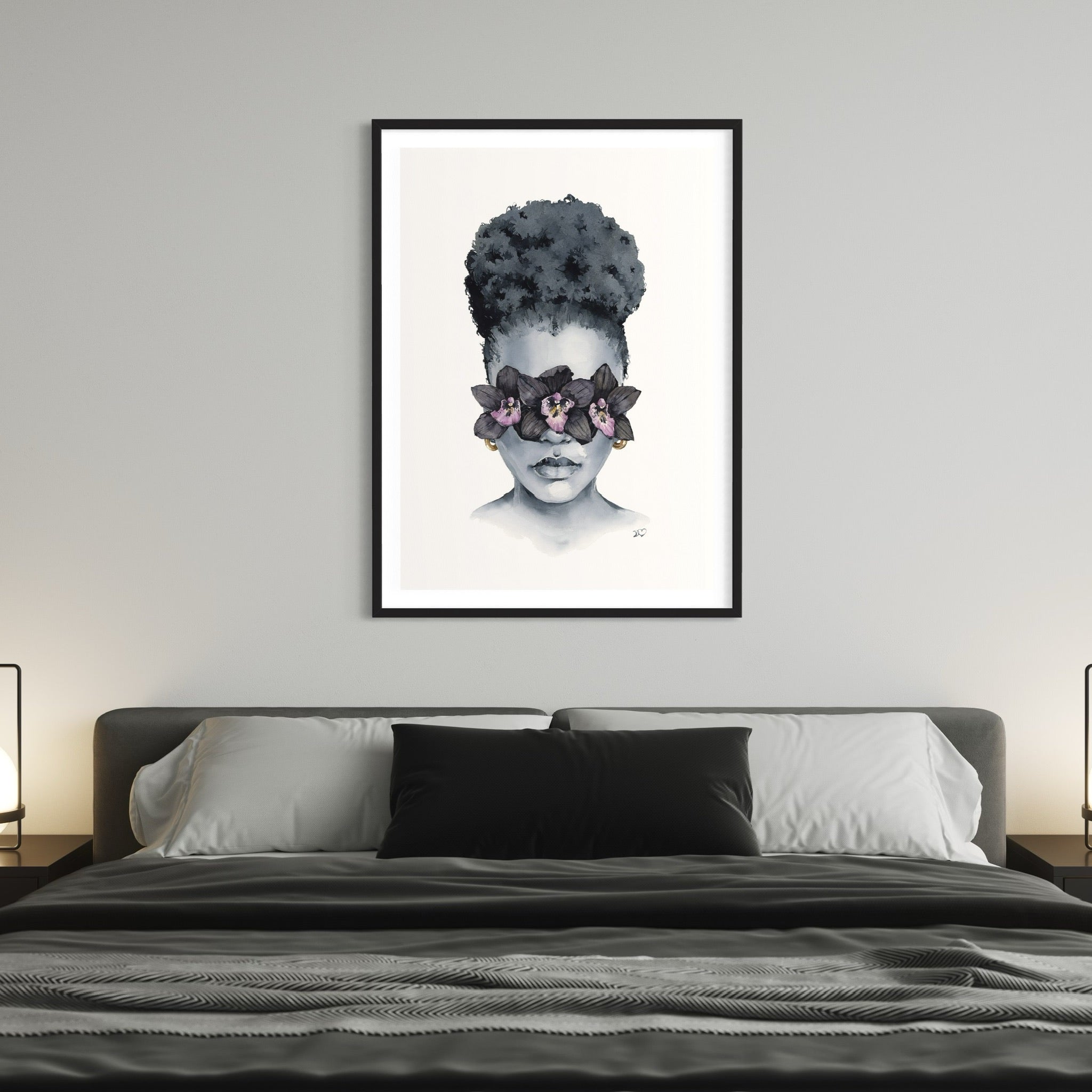 Black Orchid blindfolded print by Polina Bright  in interior