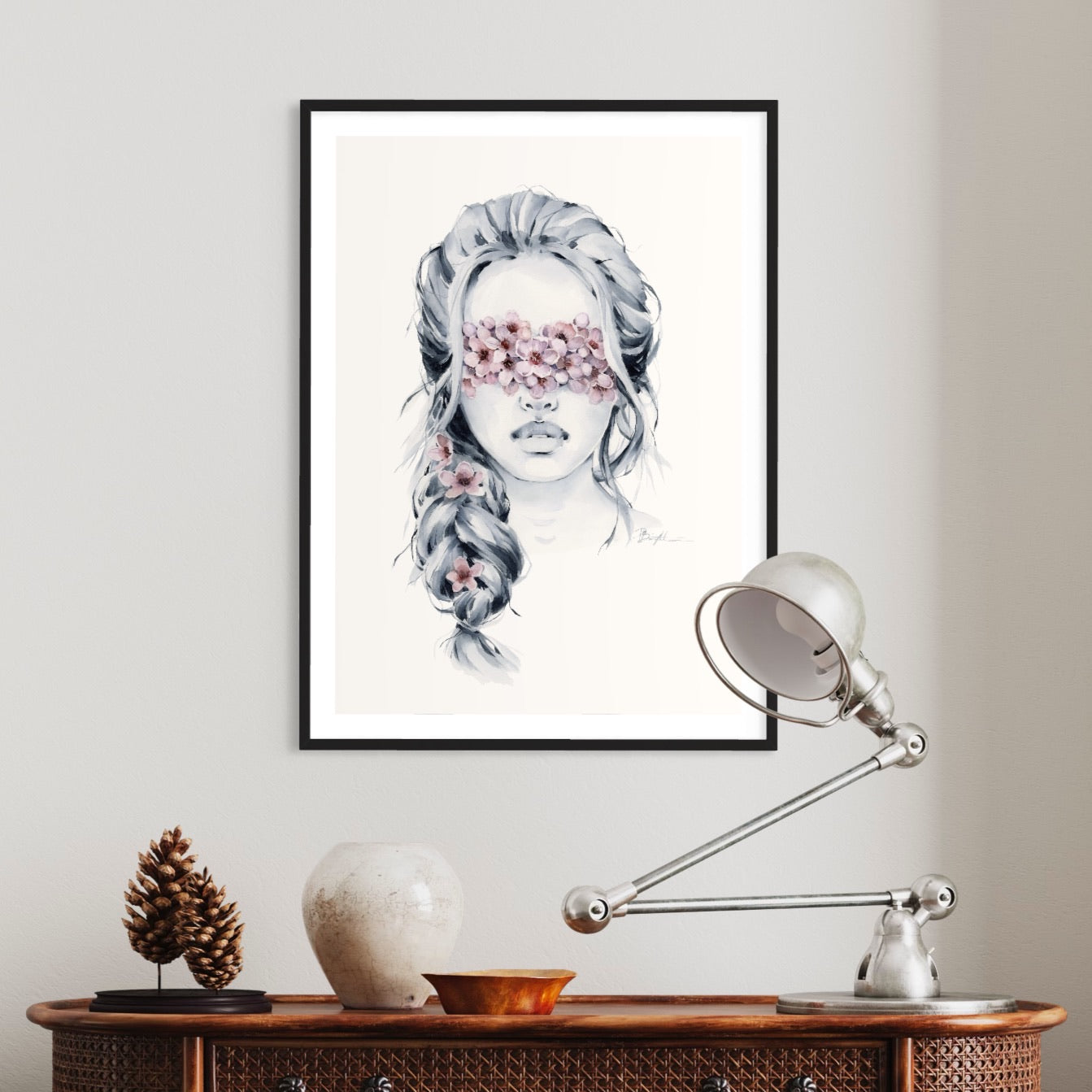 Cherry Blossom blindfolded print by Polina Bright in interior