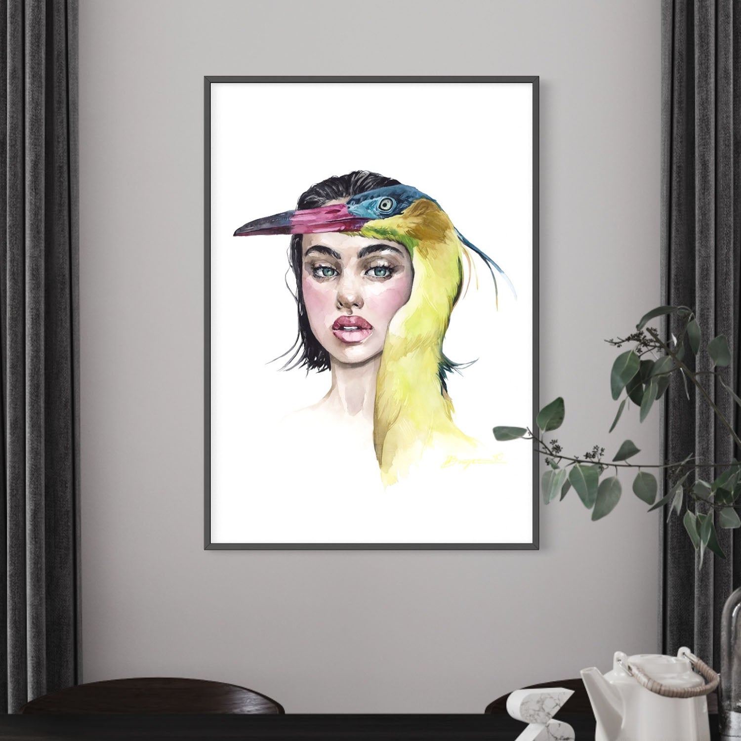 Girl with whistling heron print by Polina Bright