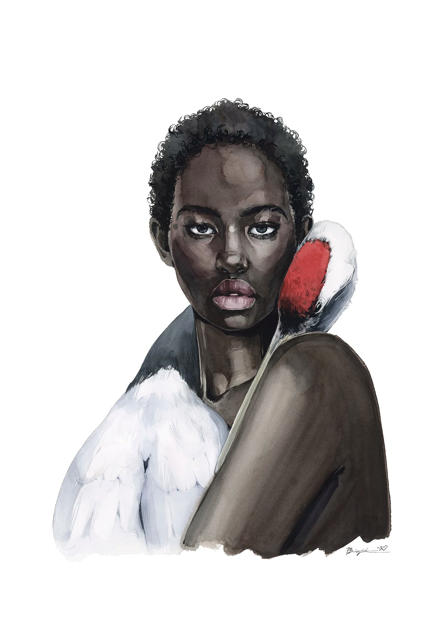 Girl with red crowned crane  - original painting
