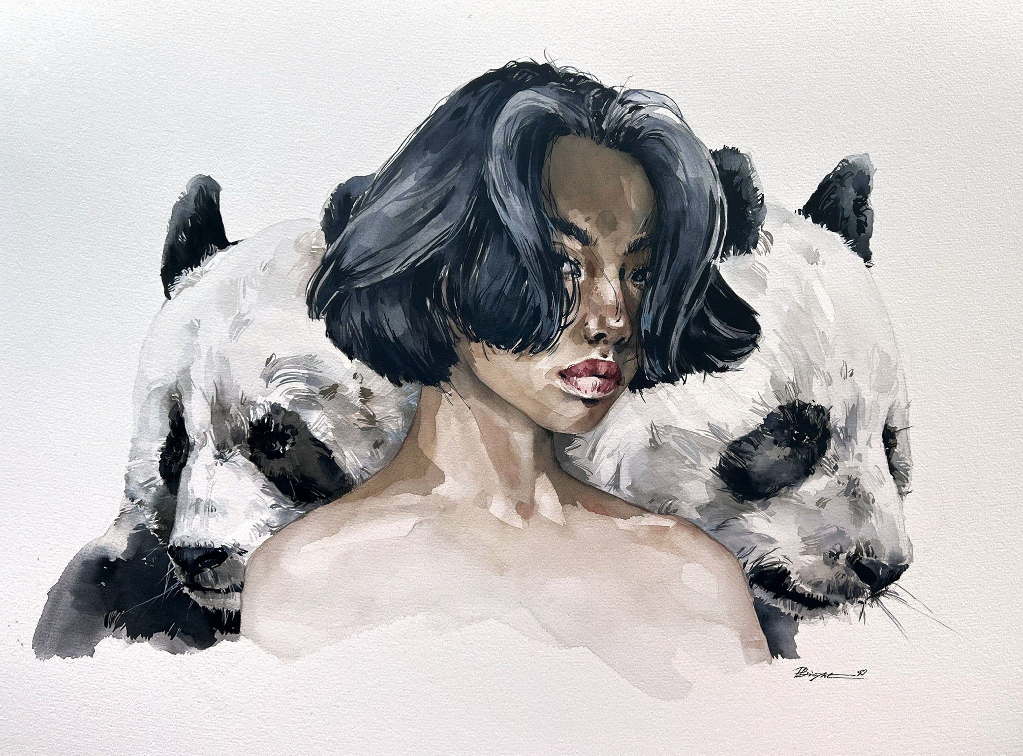 Girl with pandas - original painting