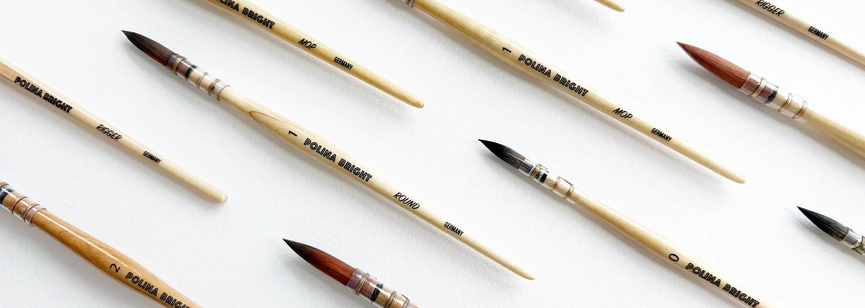 Cruelty-free professional watercolor brushes by Polina Bright — round, mop and rigger sets