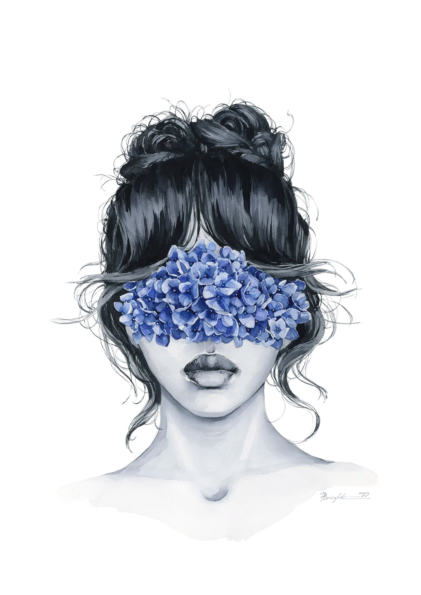 Blue Hydrangea blindfolded print by Polina Bright
