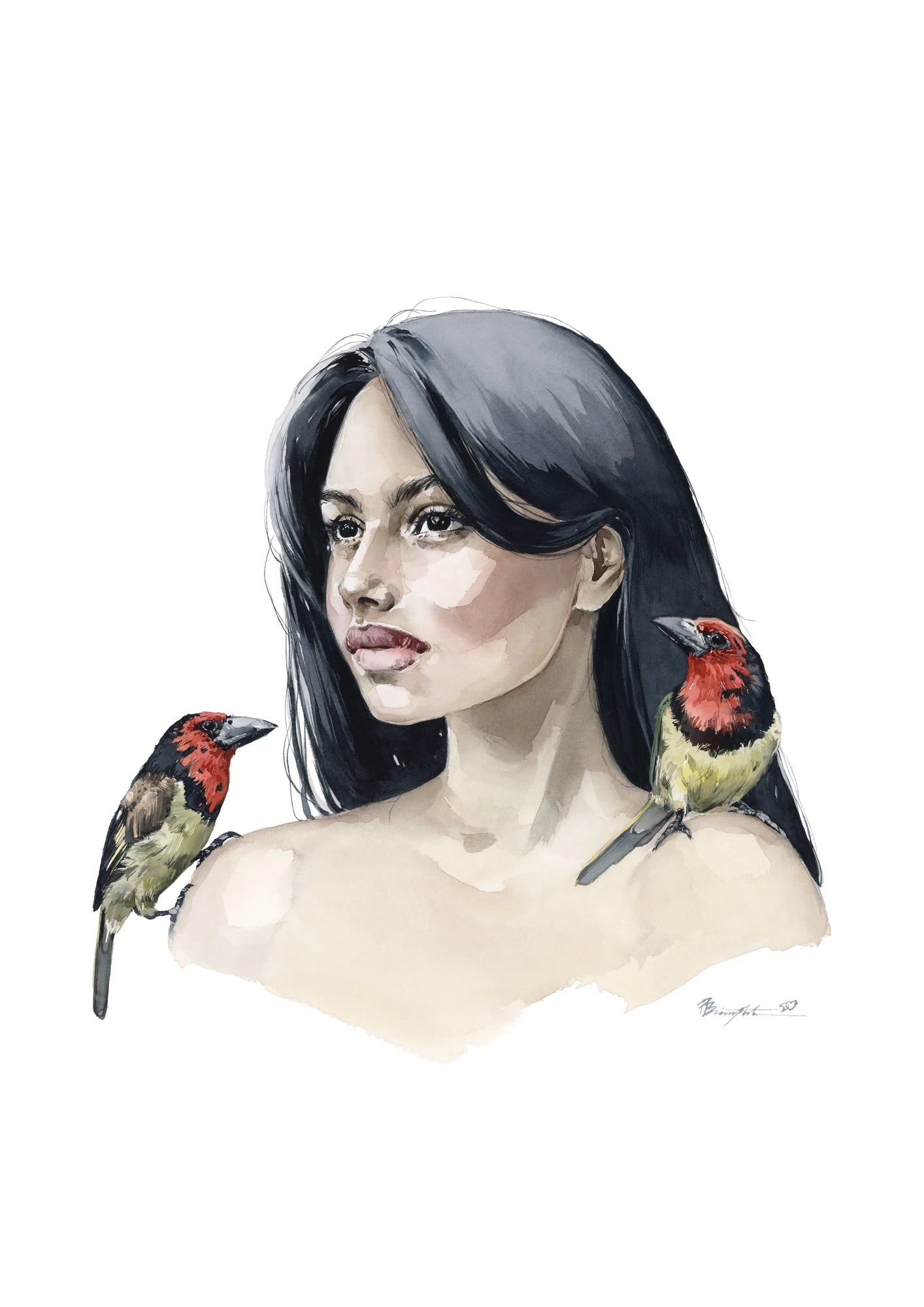 Girl with black-collared barbet - print by Polina Bright
