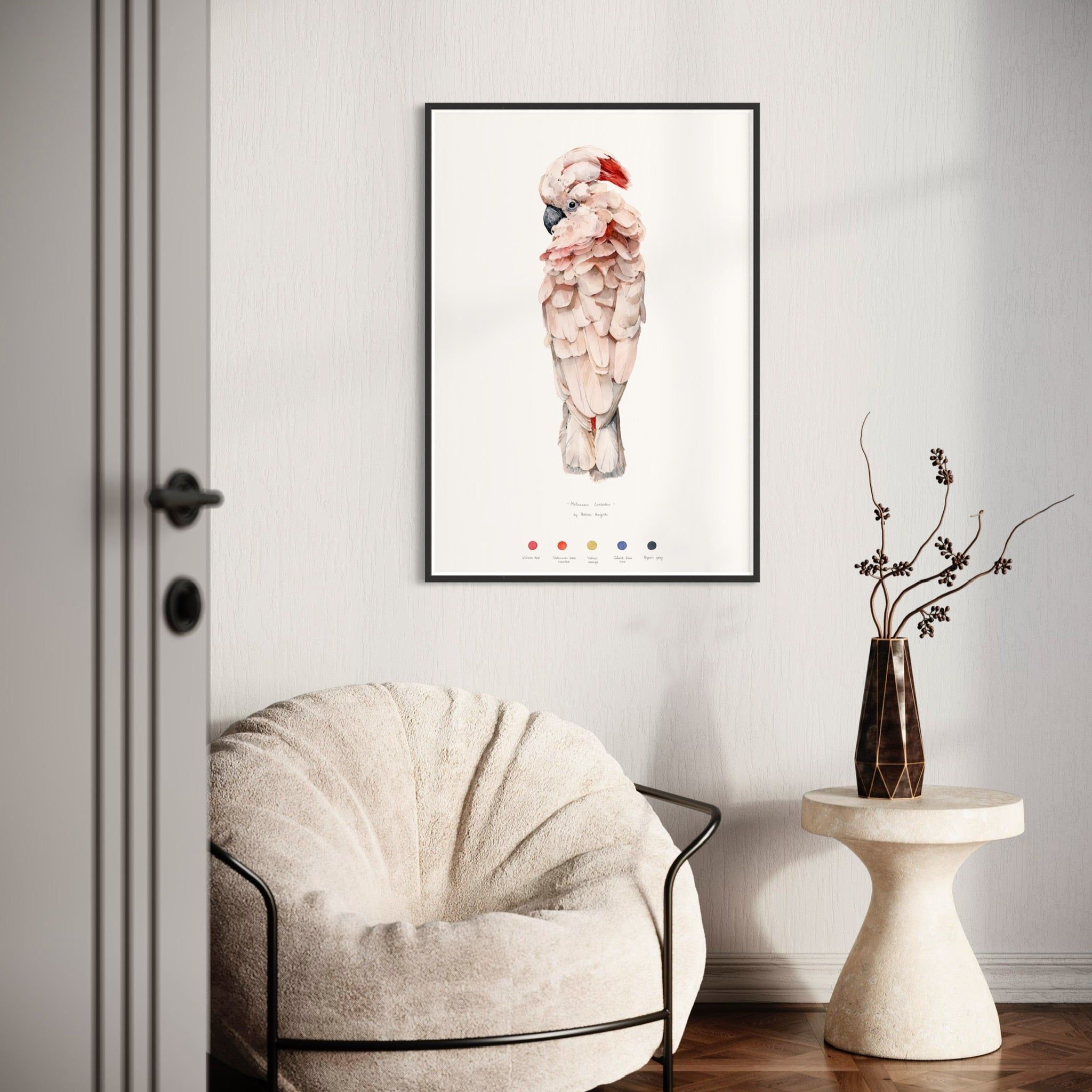 Moluccan cockatoo print by Polina Bright in interior
