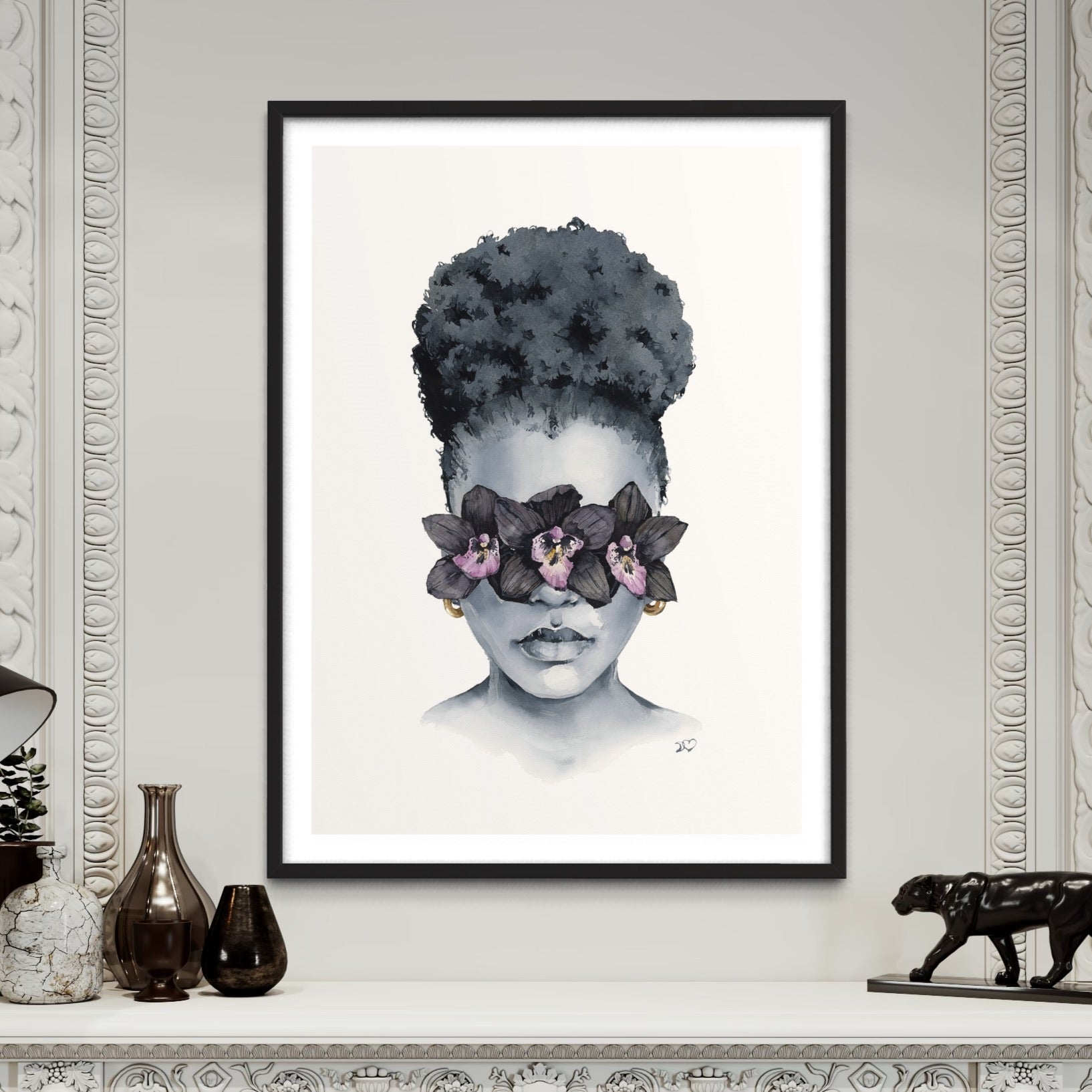 Black Orchid blindfolded print by Polina Bright  in interior