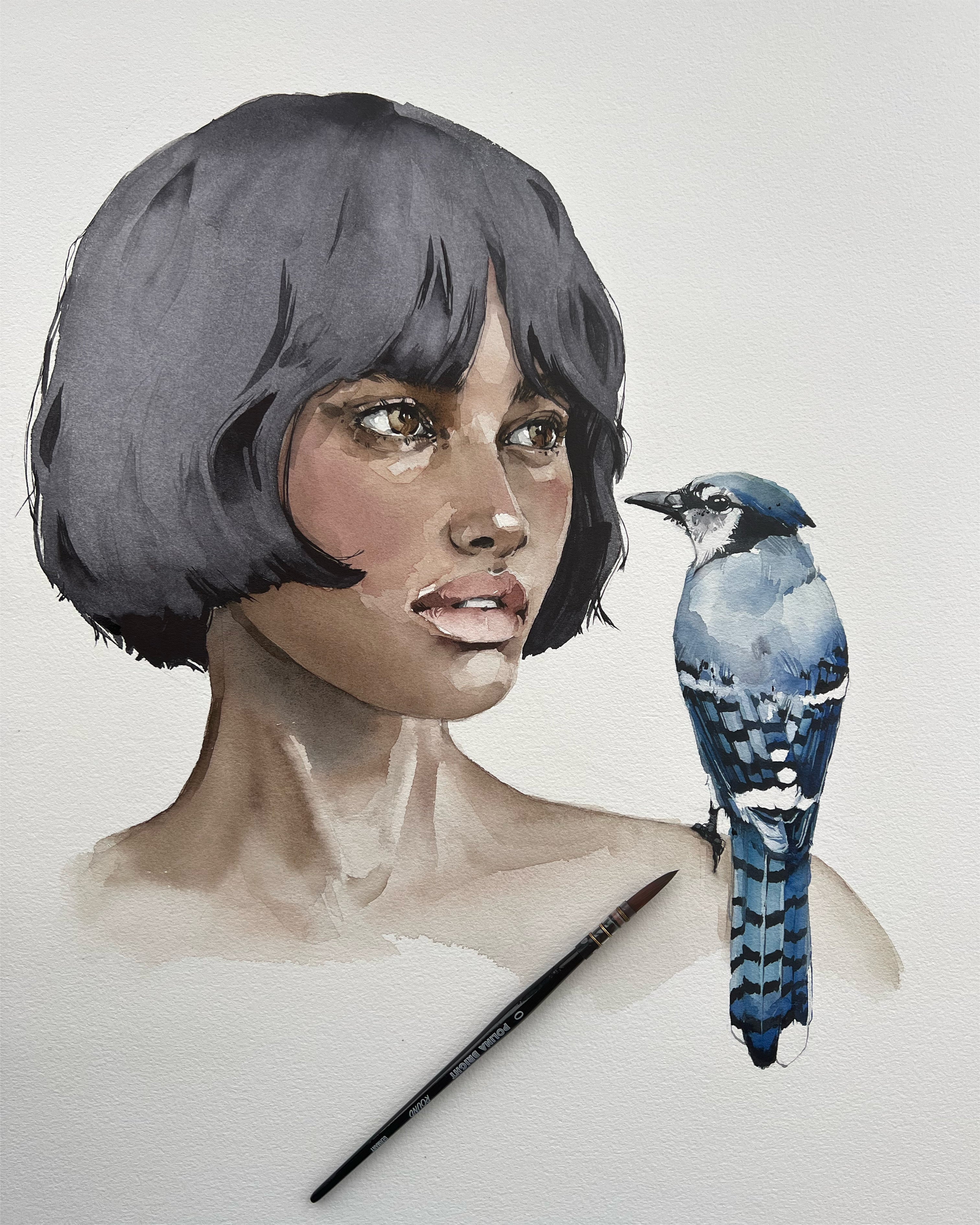 Girl with Blue Jay - original painting